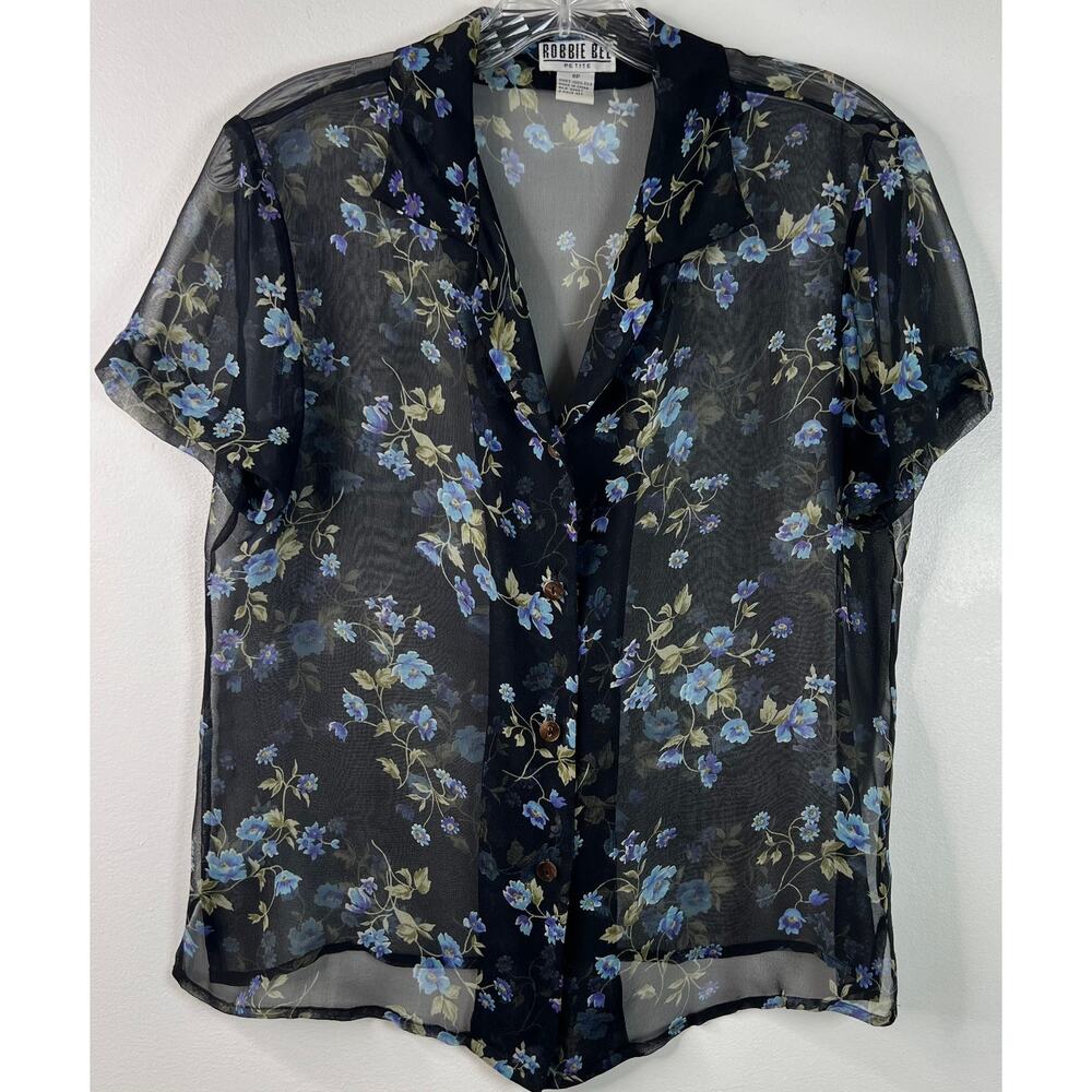 Robbie Bee Vintage Silk Women's Top Y2K Black Sheer Whimsigoth Floral Size 8P